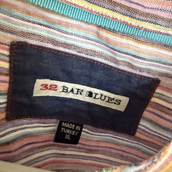 32 Bar Blues Shirt Mens XL Blue Multicolor Stripe Linen Button Down Short Sleeve - Picture 2 of 8
